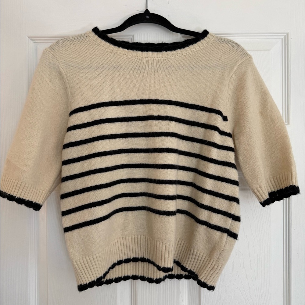 Nanette Lepore Cream and Black Striped Short-Sleeve Sweater top size M